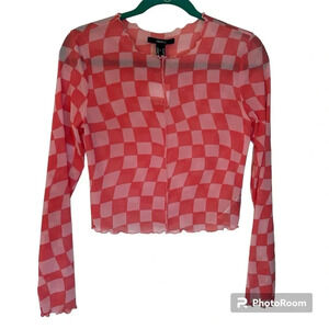 Forever 21 Pink Checkered Sheer Cropped Long Sleeve Top Size Medium